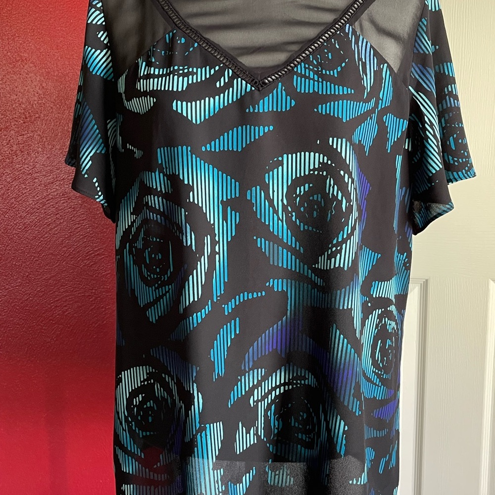 Worthington Black / Teal Blouse with Blue Accents